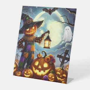 Signe De Table Cute, Whimsical Halloween épouvantail & citrouille