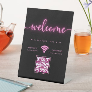 Signe De Table Cyber brillant Neon rose Welcome WIFI QR Code
