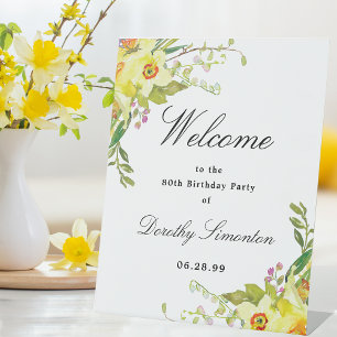 Signe De Table Daffodil Floral 80e fête d'anniversaire Bienvenue