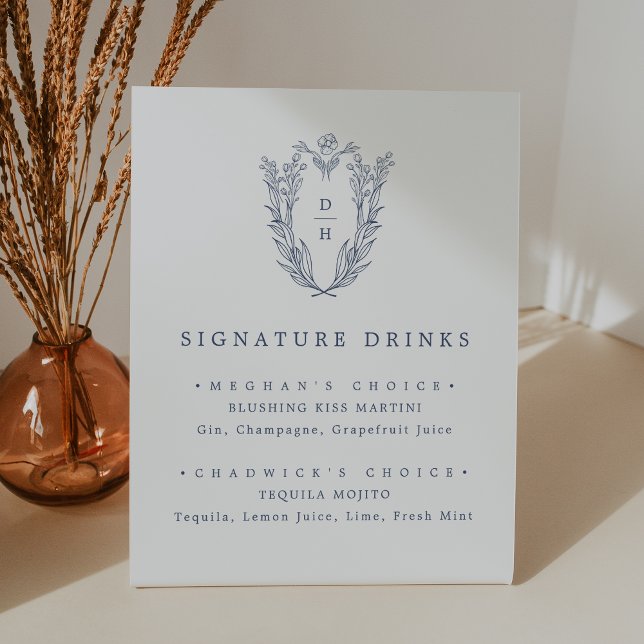 Signe De Table DAPHNE Blanc Bleu Mariage moderne Signature Boire (DAPHNE White Blue Modern Wedding Signature Drink Pedestal Sign)