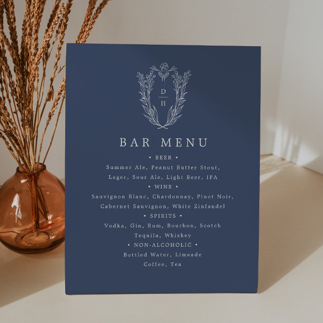 Signe De Table DAPHNE Bleu foncé Bleu blanc Mariage de la marine (DAPHNE Dark Blue White Navy Wedding Bar Menu Sign)