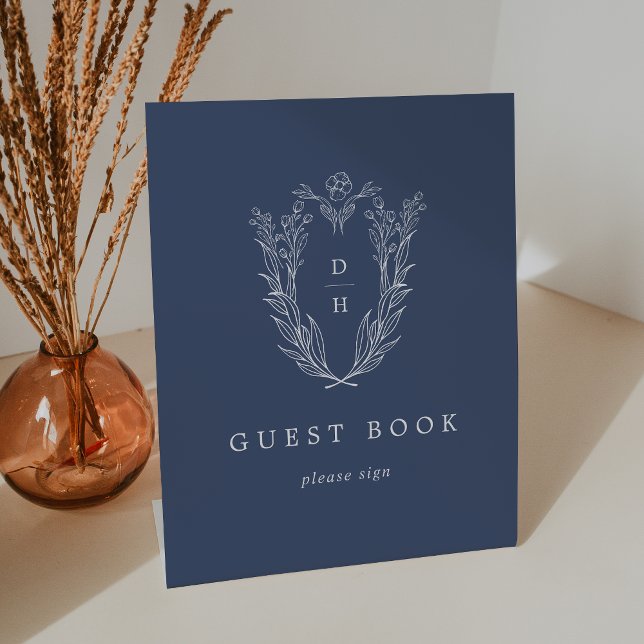 Signe De Table DAPHNE Bleu foncé Botanique Mariage Livre d'or (DAPHNE Dark Blue Botanical Wedding Guest Book Sign)