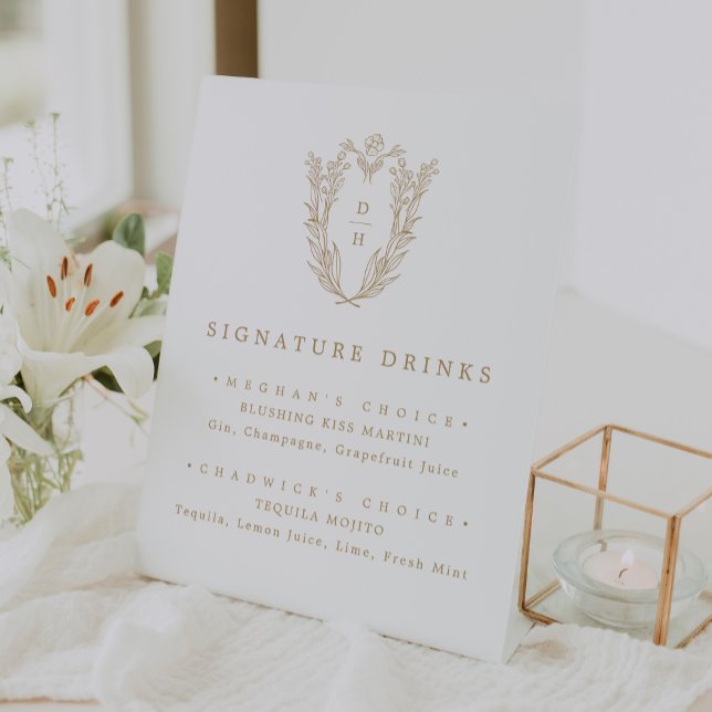 Signe De Table DAPHNE Elegant or blanc Mariage Signature Boisson (DAPHNE Elegant Gold White Wedding Signature Drink Pedestal Sign)