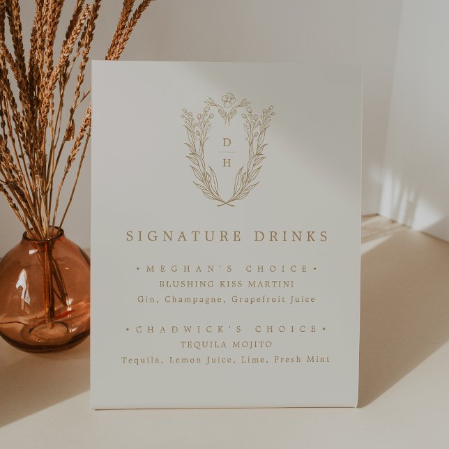 Signe De Table DAPHNE Simple Cream Mariage Signature Boisson (DAPHNE Simple Cream Gold Wedding Signature Drink Pedestal Sign)