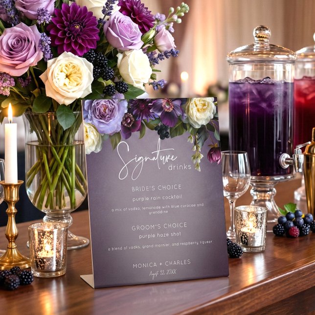 Signe De Table Dark Moody Purple & Lavender Floral Modern Wedding (Dark Moody Purple & Lavender Floral Modern Wedding Pedestal Sign)