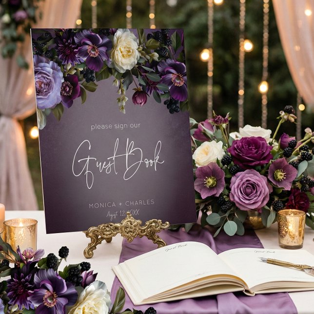 Signe De Table Dark Moody Purple Lavender Floral Wedding Guest (Créateur téléchargé)