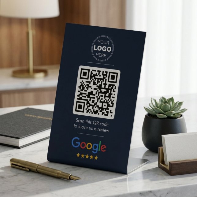 Signe De Table Dark Navy Google Review QR Code Logo (Dark Navy Google Review QR Code Sign | Premium Logo Pedestal Display)