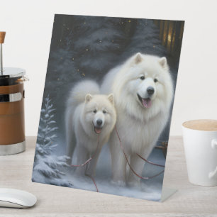 Signe De Table Décor de Noël Samoyed Snowy Sleigh