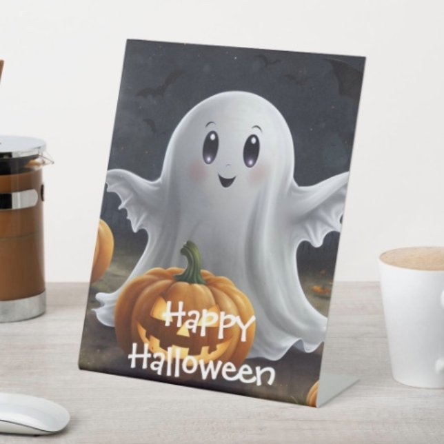 Signe De Table Délice Effrayant : Amusement Fantomatique d'Hallow (D: 8" x 10" display with 3" pedestal base. Available in 4 sizes Made of 1/16" white plastic.
)