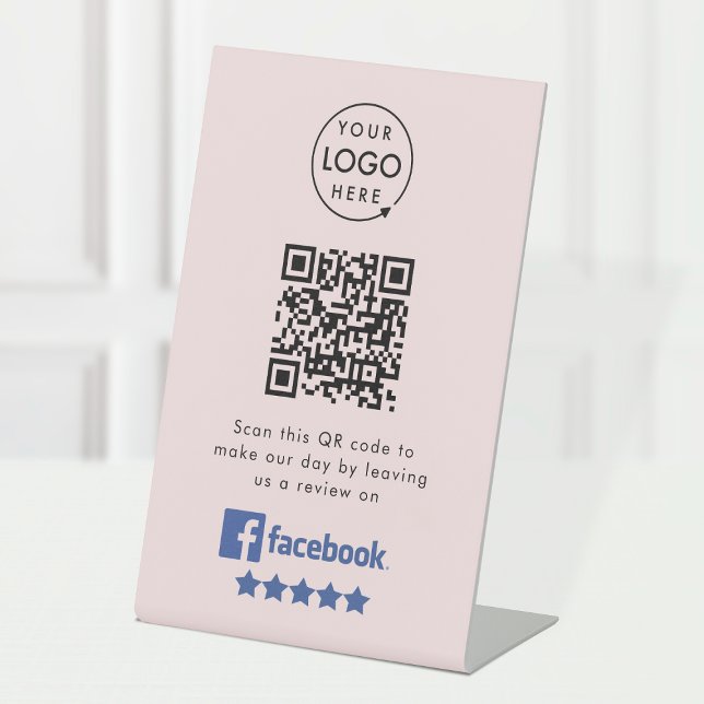 Signe De Table Demande de révision Facebook | QR Code Pink Busine (Gain Facebook reviews & grow your business with this rating request editable tabletop sign.)
