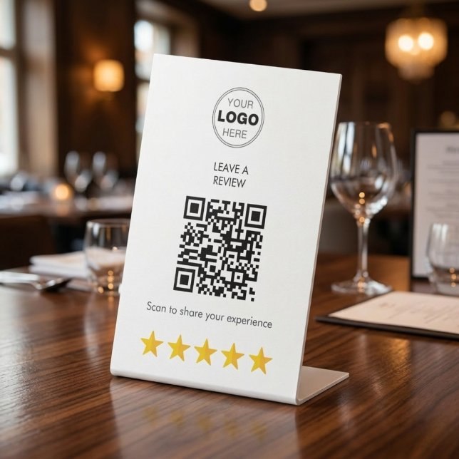 Signe De Table Demande d'examen de code QR moderne pour les entre (Boost Business Reviews: Bold QR Code Pedestal Sign for Better Ratings)