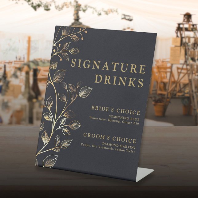 Signe De Table Design élégant Golden Floral Signature Boissons (Modern Elegant Golden Floral Signature Drinks Pedestal Sign)