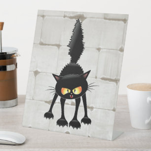 Signe De Table Dessin animé de chat noir drôle et féroce 