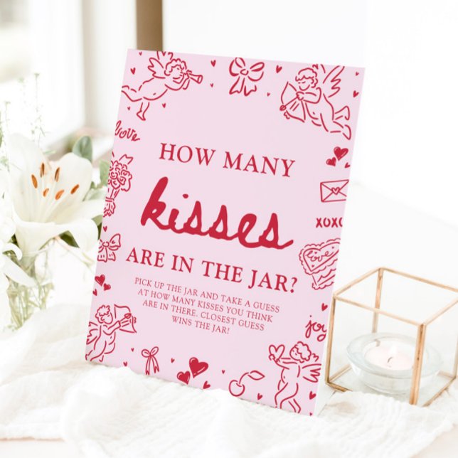 Signe De Table Devinez combien de bisous Baby Shower Saint-Valent (Pink Valentine Guess How Many Kisses Baby Shower Game Sign)