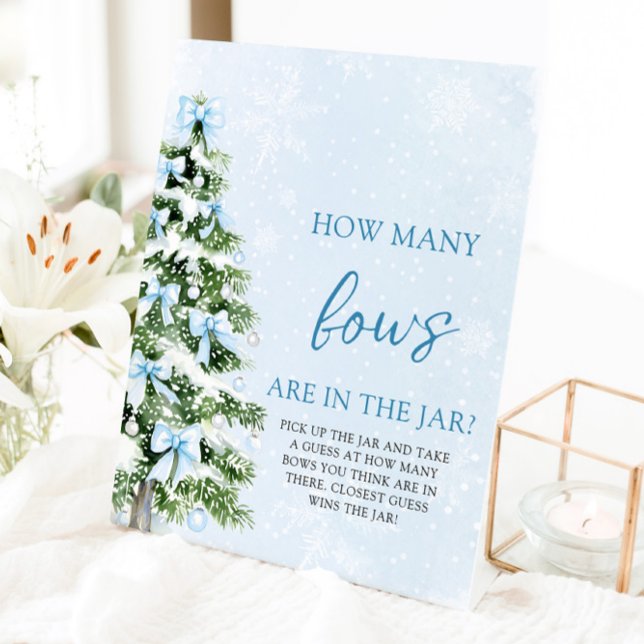 Signe De Table Devinez combien de nœuds pour la fête de Noël de b (Blue Bows Christmas Guess How Many Bows Baby Shower Game Sign)
