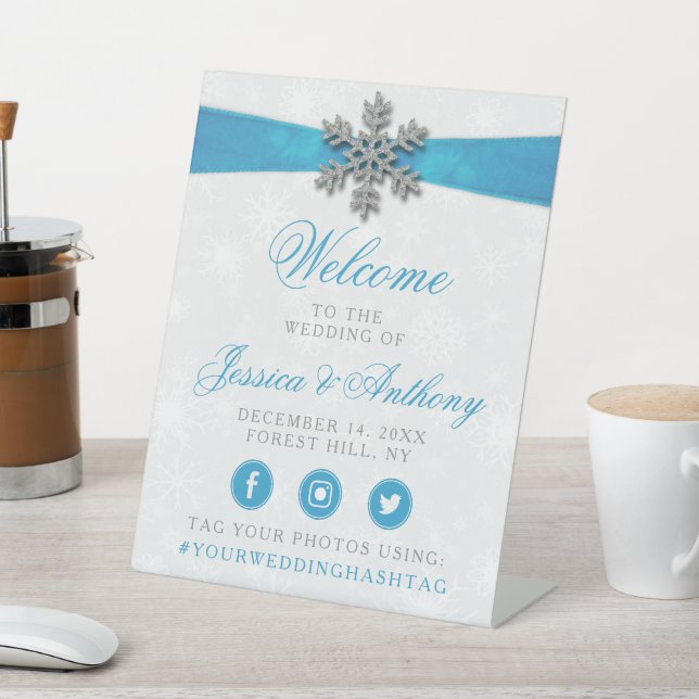 Signe De Table Diamante Snowflake & Blue Ribbon Mariage d'hiver (In SItu)