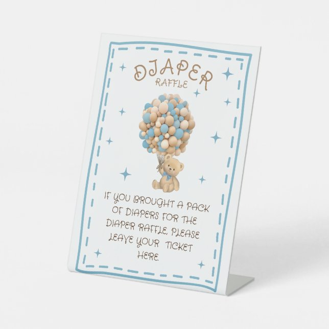 Signe De Table Diaper Raffle Teddy Ours Bébé Garçon Douche Jeu (Recto)