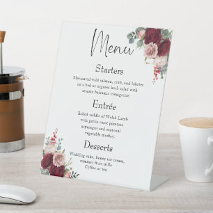 Signe De Table Dîner Mariage moderne Menu Burgundy Blush Floral