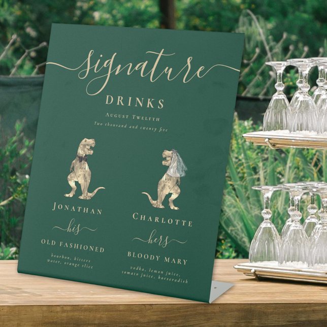 Signe De Table Dinosaur Mariée et Mariage de chambre Signature Bo (Dinosaur theme wedding dark green elegant script signature drinks bar sign T-Rex bride & groom)