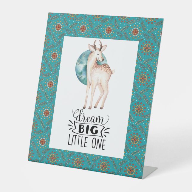 Signe De Table Dream Big Deer Boho Blue Border Nursery Art Faux (Recto)