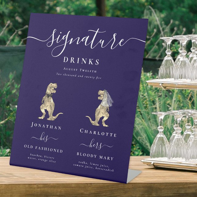 Signe De Table Drôle Dinosaur Mariage Signature Boissons Marine B (Funny Dinosaur wedding bride & groom signature drinks cocktail bar sign his and her cocktails T-Rex )