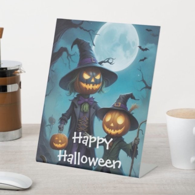 Signe De Table Duo de citrouilles Halloween effrayant (D: 8" x 10" display with 3" pedestal base. Available in 4 sizes. Made of 1/16" white plastic.)