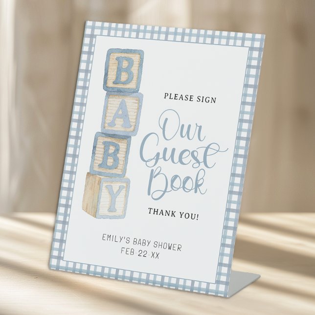 Signe De Table Dusty Blue Baby Blocks Please Sign Our Guest Book  (Guest Book Baby Shower Sign)