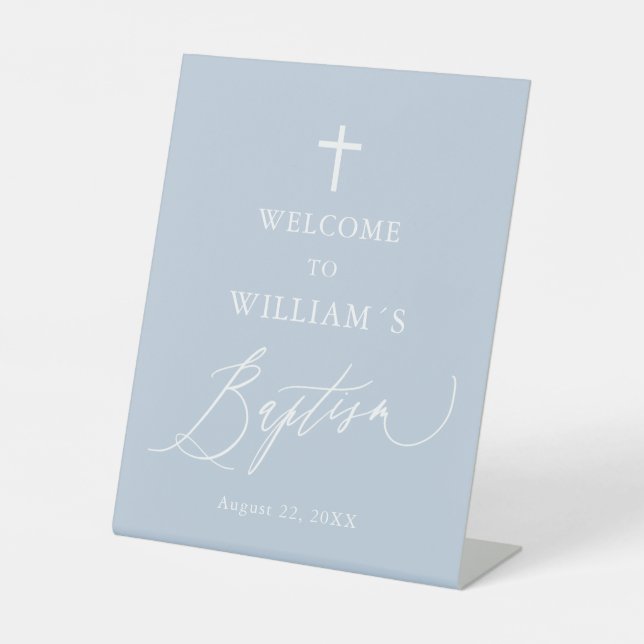 Signe De Table Dusty Blue Croix blanche Boy Baptism Affiche de bi (Recto)