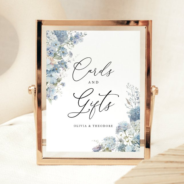 Signe De Table Dusty Blue Floral Cards and Gifts Wedding Table (Dusty blue floral cards & gifts wedding sign, elegant watercolor hydrangea day of wedding table sign)
