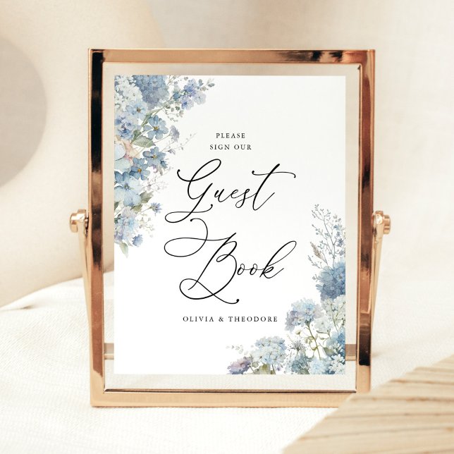 Signe De Table Dusty Blue Floral Guest Book Wedding Table (Dusty blue floral guest book wedding sign, blue hydrangea watercolor design, elegant reception table)