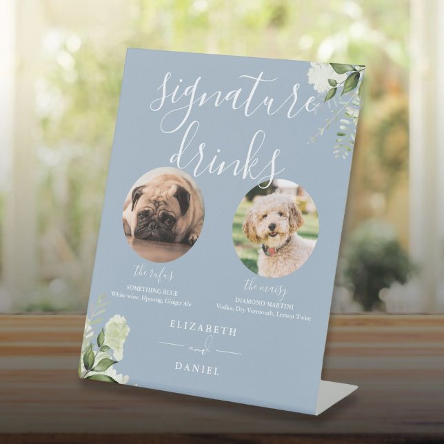 Signe De Table Dusty Blue Floral Mariage Animaux de compagnie Sig (Dusty Blue Floral Wedding Pet Dog Signature Drinks Pedestal Sign)