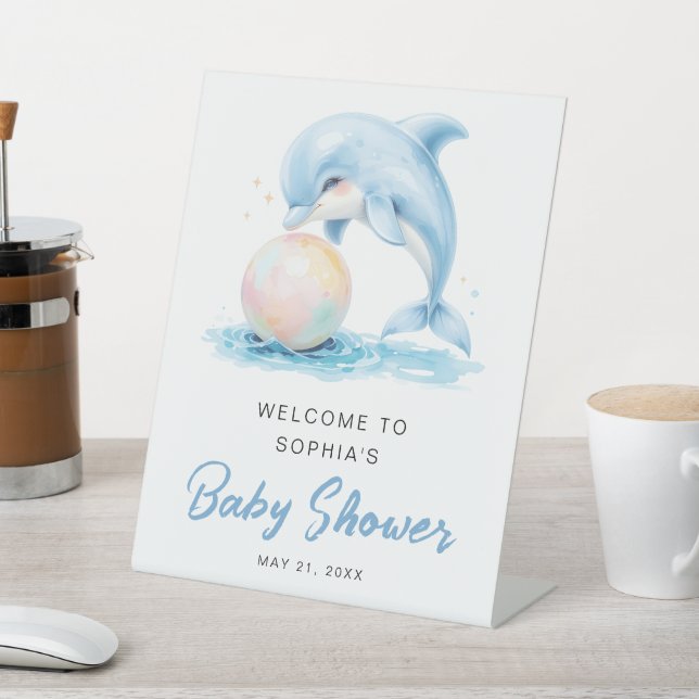 Signe De Table Dusty Blue Funny Dolphin Baby shower Bienvenue (In SItu)