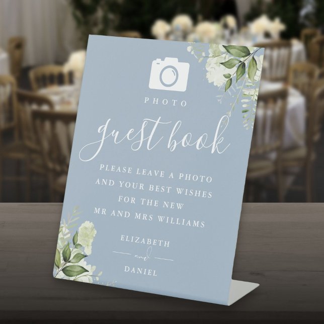 Signe De Table Dusty Blue Greenery Photo Guest Book Mariage (Dusty Blue Greenery Photo Guest Book Wedding Pedestal Sign)