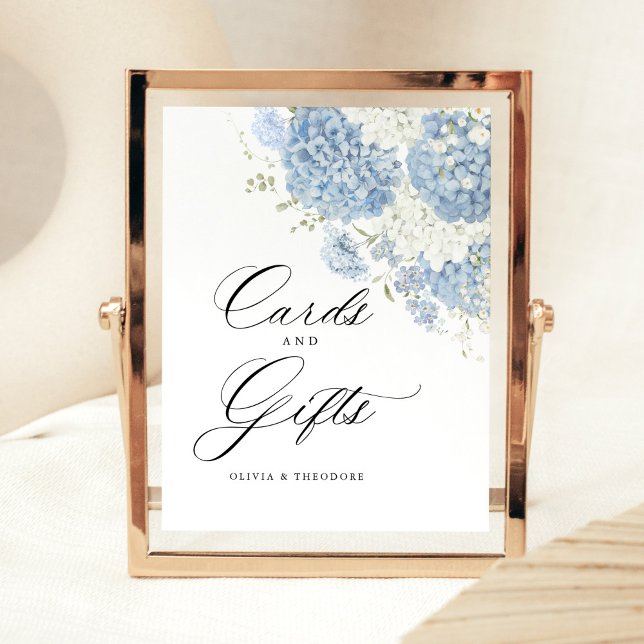 Signe De Table Dusty Blue White Floral Cards and Gifts Wedding (Dusty blue white hydrangea cards and gifts wedding sign, gift table display, Gold frame indoors)