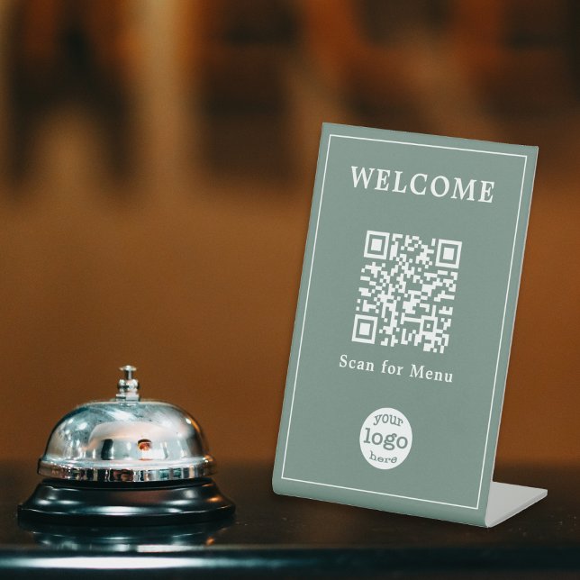 Signe De Table Dusty Green Hotel Cafe Menu QR Code Business Logo (Dusty Green Hotel Cafe Menu QR Code Business Logo Pedestal Sign)
