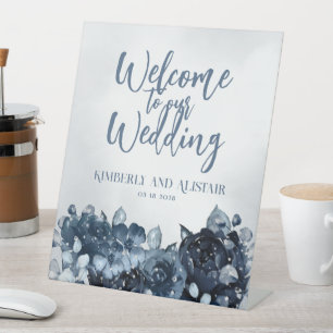 Signe De Table Dusty Navy Blue Peony Bienvenue À Notre Mariage Pe