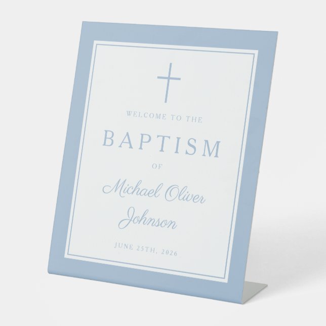 Signe De Table Elegant Baby Blue Cross Boy Baptism Welcome (Recto)