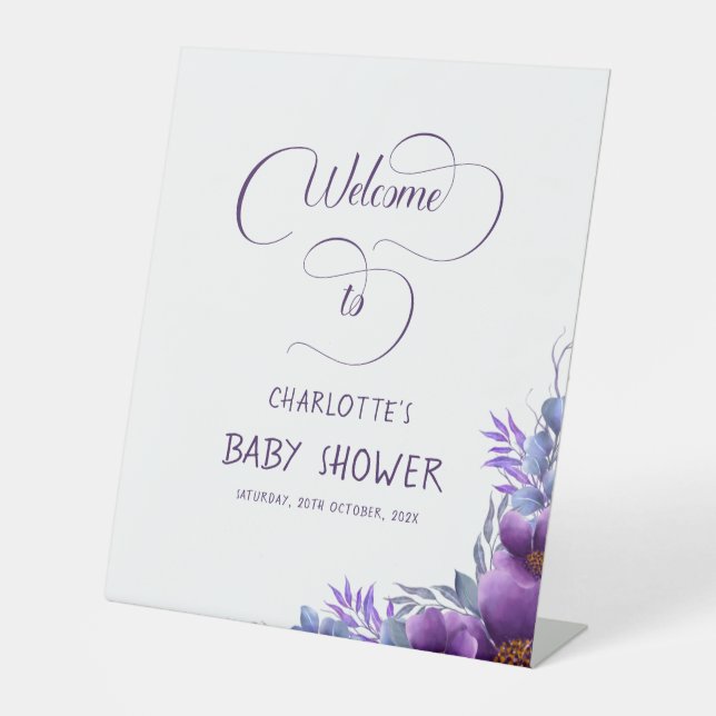 Signe De Table Elégant Baby shower de fleurs violettes aquarelle (Recto)