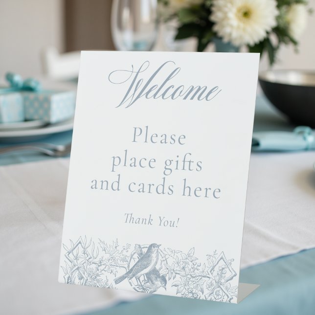 Signe De Table Elégant Baby shower d'oiseaux naturels Blue Chinoi (Elegant Blue Chinoiserie Nature Birds Baby Shower Pedestal Sign)