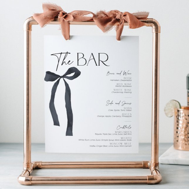 Signe De Table Elégant Black Bow Gothic Bride Bar Menu Cocktail (Elegant bar menu sign with blak bow)