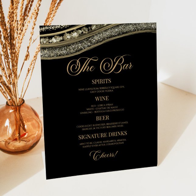 Signe De Table Elegant Black Gold Agate Party Bar Menu (Créateur téléchargé)