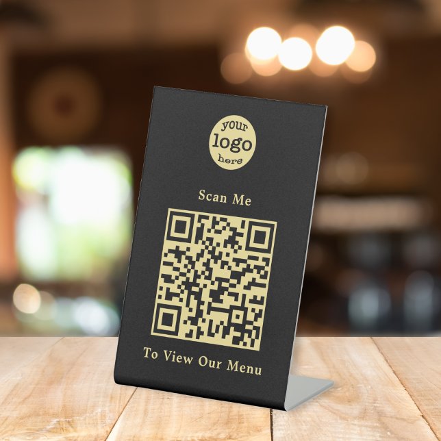 Signe De Table Élégant Black Gold QR Code Restaurant Menu Logo (Elegant Black Gold QR Code Restaurant Menu Logo Pedestal Sign)