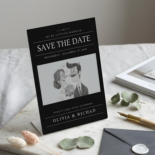 Signe De Table Elegant Black & White Cartoon Couple Wedding  (Créateur téléchargé)