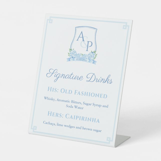 Signe De Table Elégant Bleu Blanc Mariage Crest Signature Boisson (Recto)