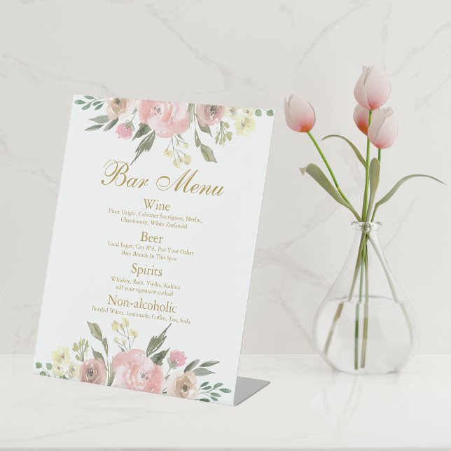 Signe De Table Elégant Blush Rose Floral Mariage Bar Menu (Créateur téléchargé)