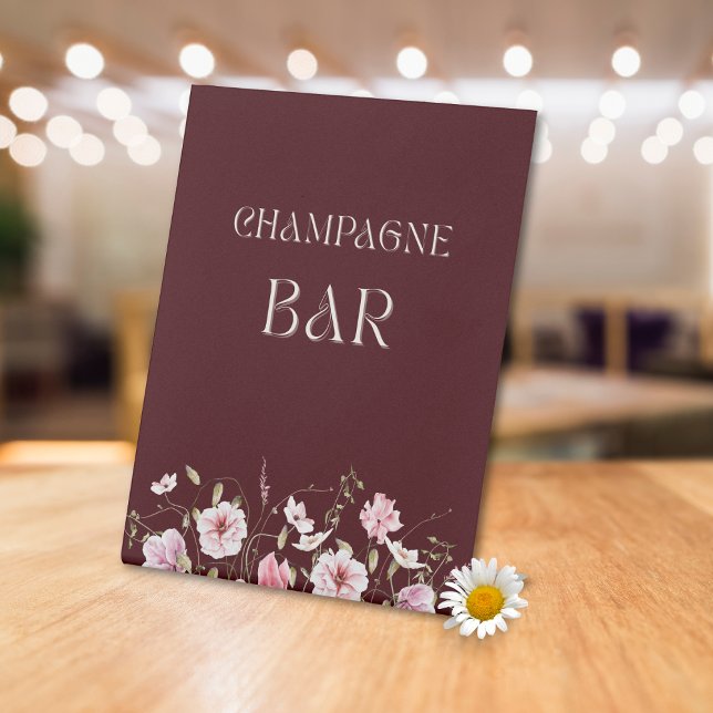Signe De Table Elegant Burgundy Champagne Bar Sign with Blush Flo (Créateur téléchargé)