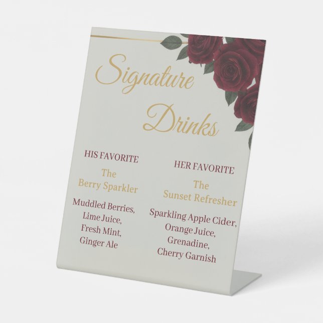Signe De Table Elegant Burgundy Floral&Gold Signature Drinks Sign (Recto)