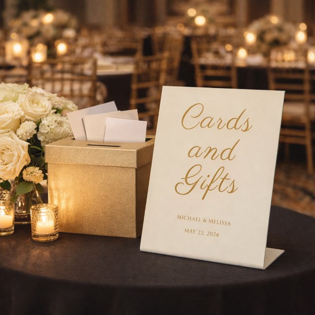 Signe De Table Elegant Champagne Gold Guest Book Reception Sign (Elegant champagne gold cards and gifts sign displayed on an anniversary gift table)