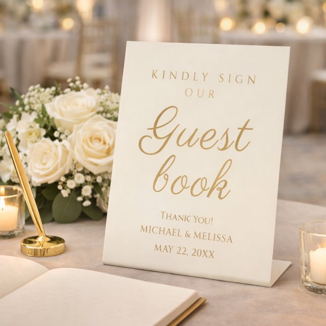 Signe De Table Elegant Champagne Gold Wedding Guest Book (Romantic wedding guest book table with candles and ivory roses)