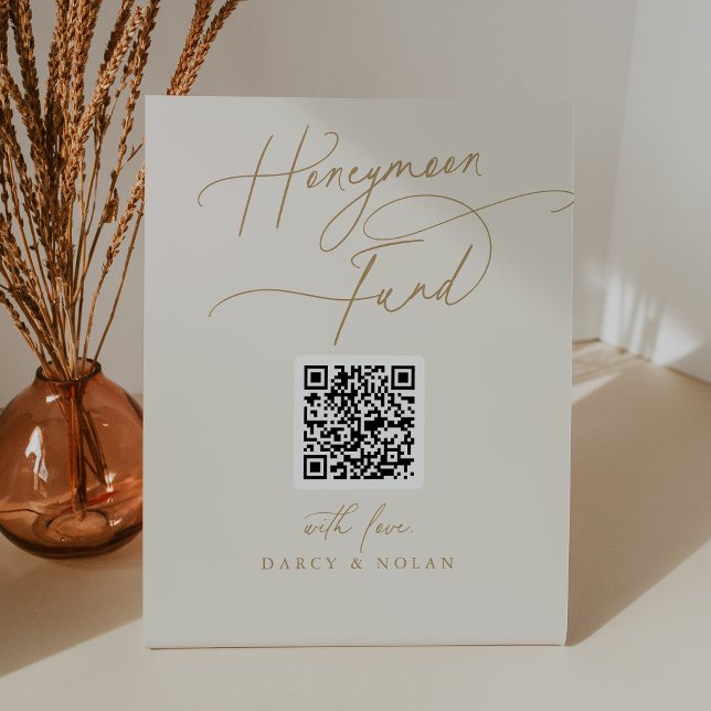 Signe De Table Élégant charme ivoire QR Code Symbole Fonds Lune d (Elegant Charm Ivory QR Code Honeymoon Fund Sign)